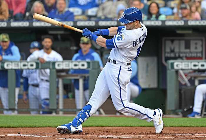 May 21, 2022; Kansas City, Missouri, USA; Kansas City Royals left fielder Andrew Benintendi (16) singles against the Minnesota Twins during the first inning at Kauffman Stadium. Mandatory Credit: Peter Aiken-USA TODAY Sports